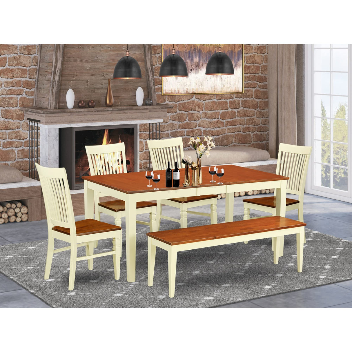 East West Furniture NIWE6-BMK-W 6 Piece Kitchen Table Set Contains a Rectangle Dining Table with Butterfly Leaf and 4 Dining Chairs with a Bench, 36x66 Inch, Buttermilk & Cherry East West Furniture