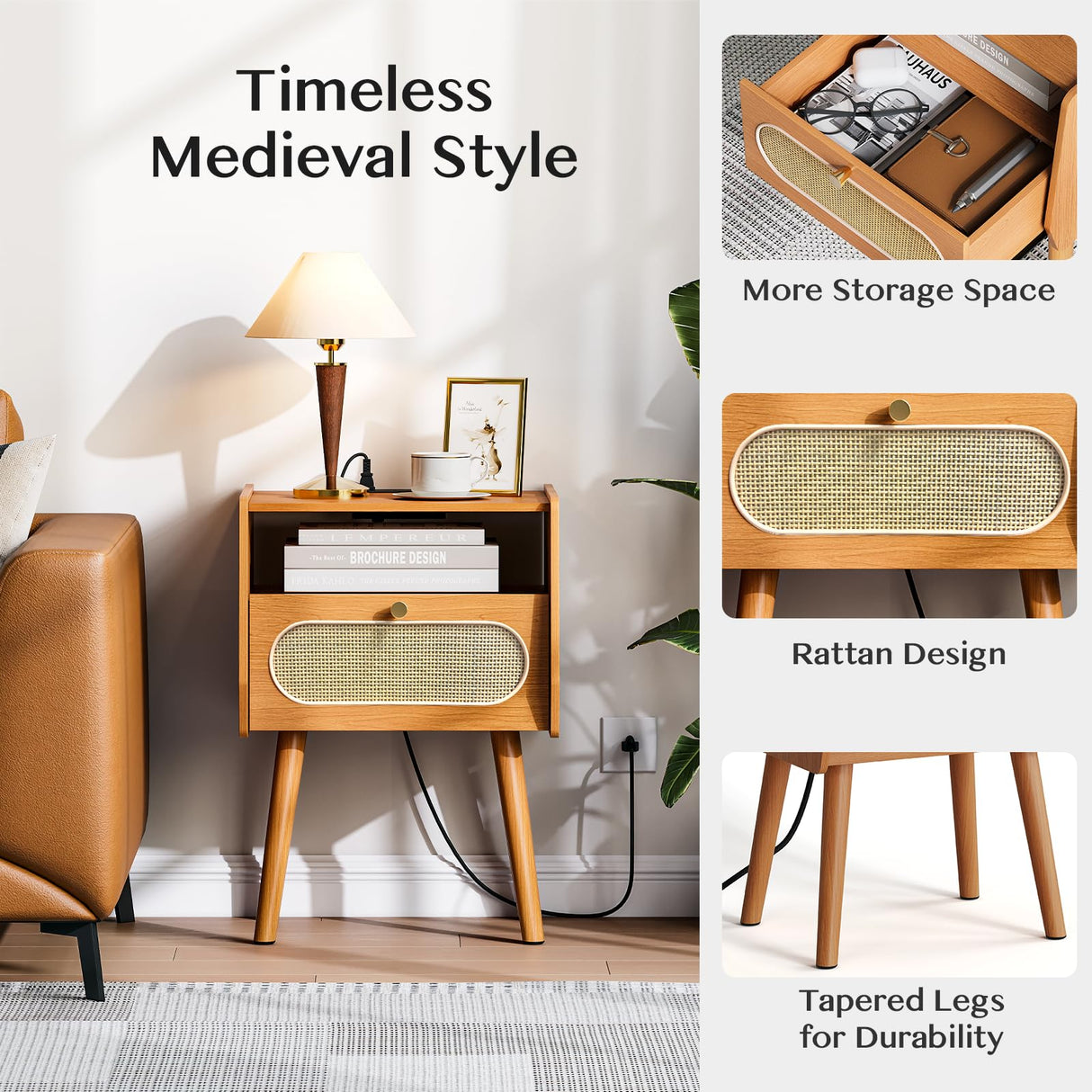 JOINICE Night Stand Set 2, Mid Century Modern Bedside Table with Charging Station & Rattan Decor Drawer, Boho End Table with Storage & Solid Wood Feet for Bedroom, Cherry JOINICE