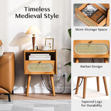 JOINICE Night Stand Set 2, Mid Century Modern Bedside Table with Charging Station & Rattan Decor Drawer, Boho End Table with Storage & Solid Wood Feet for Bedroom, Cherry JOINICE