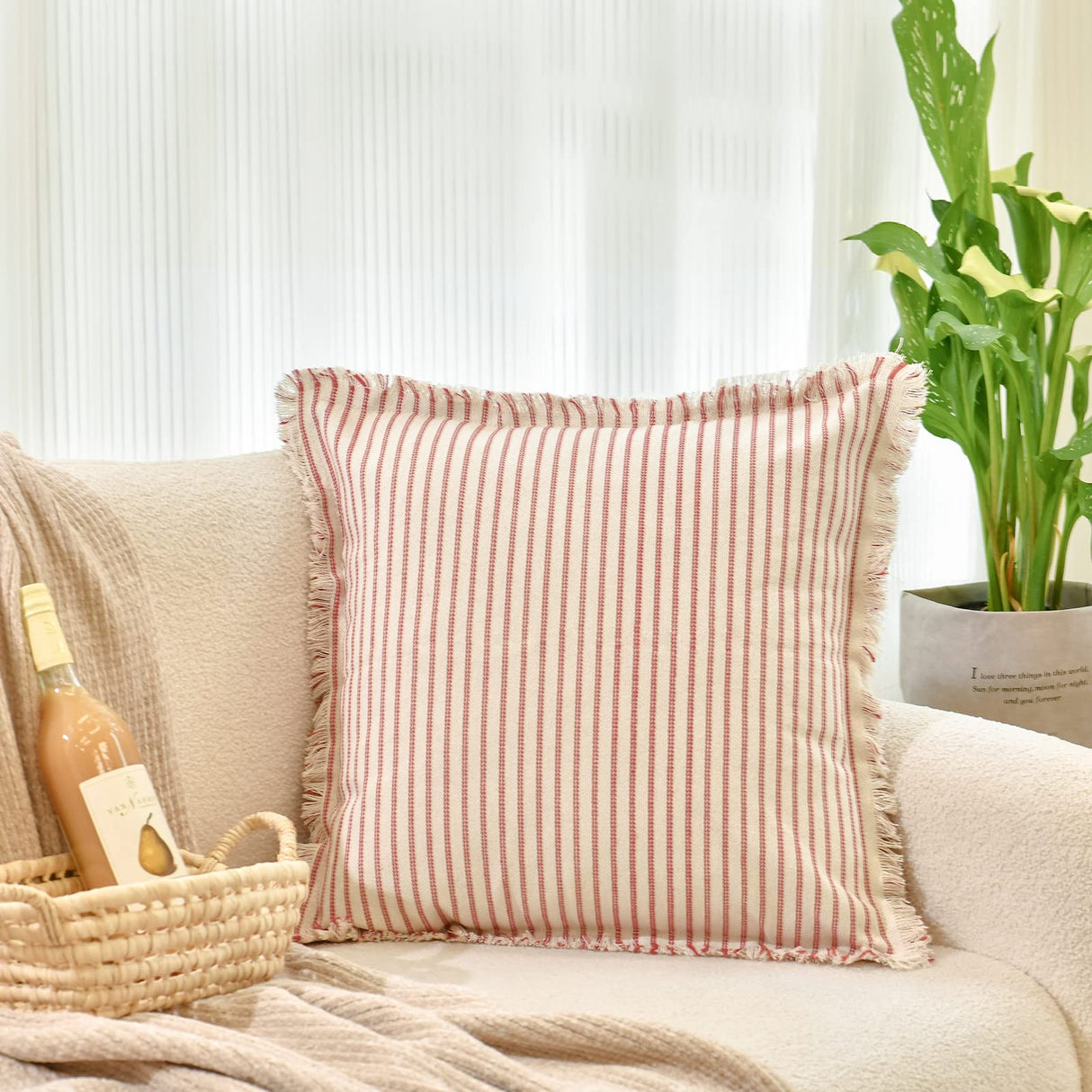 ZWJD Throw Christmas Pillow Covers 18x18 Set of 2 Striped Pillow Covers with Fringe Chic Cotton Decorative Pillows Square Cushion Covers for Sofa Couch Bed Living Room Farmhouse Decor ZWJD