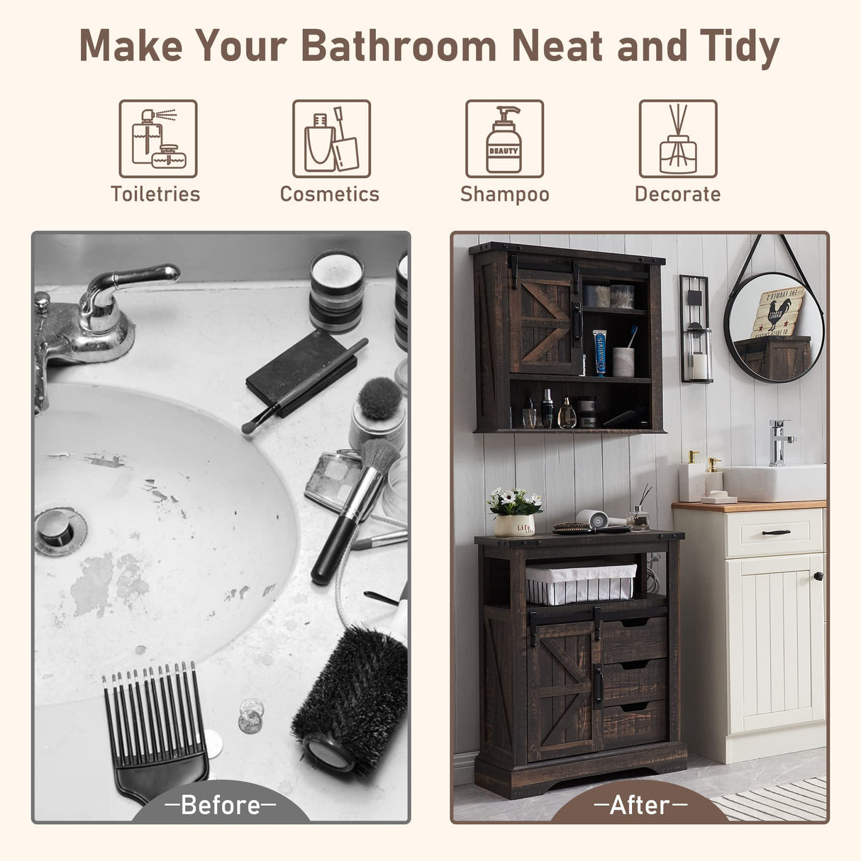 OKD Bathroom Floor Cabinet, Farmhouse Storage Cabinet with Sliding Barn Door & Storage Drawers, Small Storage Cabinet for Bathroom, Kitchen, Living Room, Dark Rustic Oak OKD