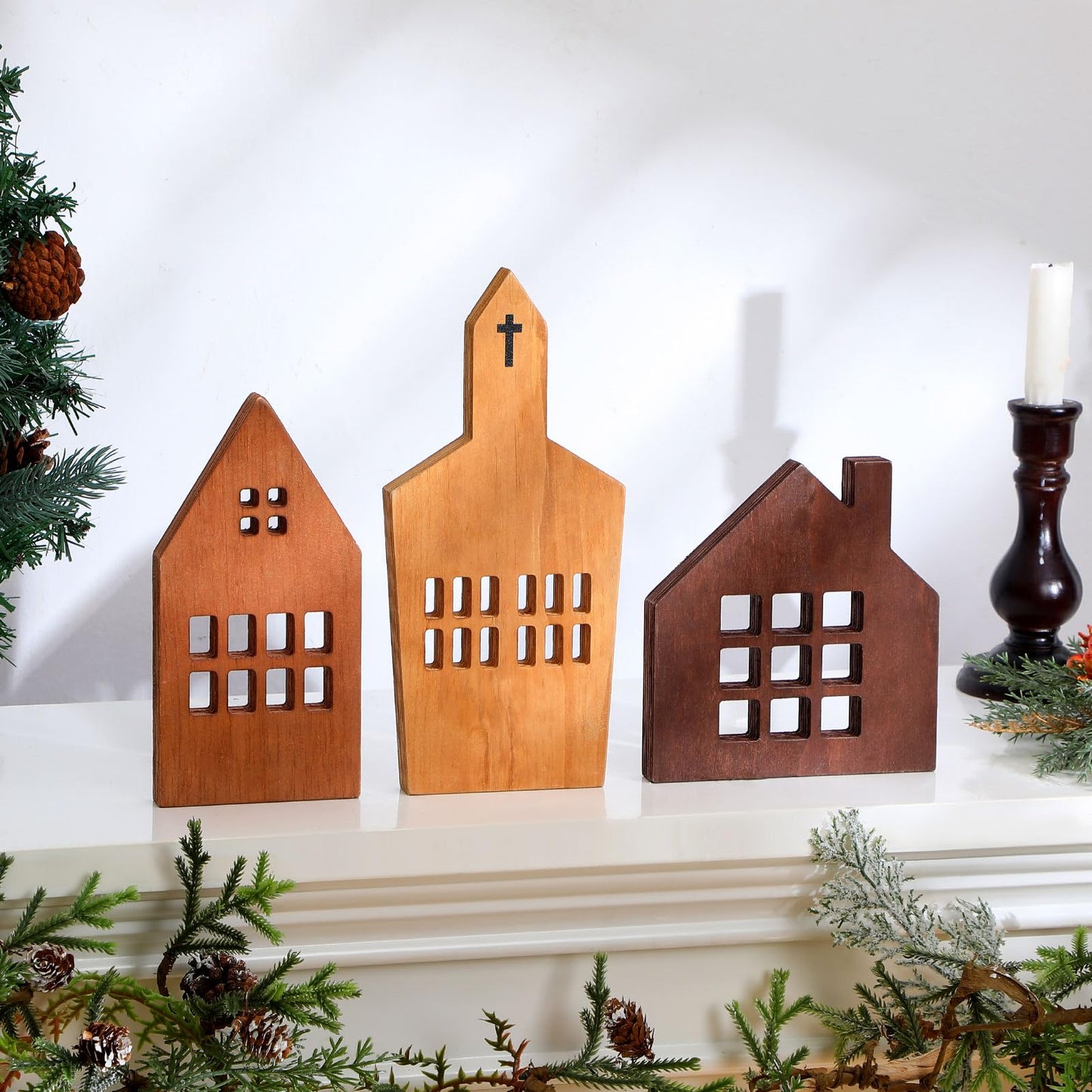 Yousoontic 3 Pcs House Shaped Wooden Sign Block Farmhouse Tabletop Christmas Decorations Christmas Village Rustic Wood Houses Cutouts Decor for Tiered Tray Home Table Shelf Fireplace(Farmhous - WoodArtSupply