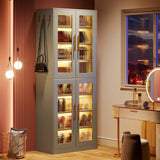 Tribesigns Tall Shoe Cabinet with Acrylic Doors and LED Lights, 8-Tier Entryway Shoe Organizer Storage Rack with Adjustable Shelves and Hanging Hooks for Narrow Closet, Hallway, Living Room, Gray Tribesigns