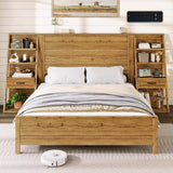 LUXOAK King Bed Frame with Wide Headboard and 4-Tier Bookshelves, Farmhouse Platform Bed with Charging Station & 2 Drawers, Noise-Free, No Box Spring Needed, Natural Oak LUXOAK