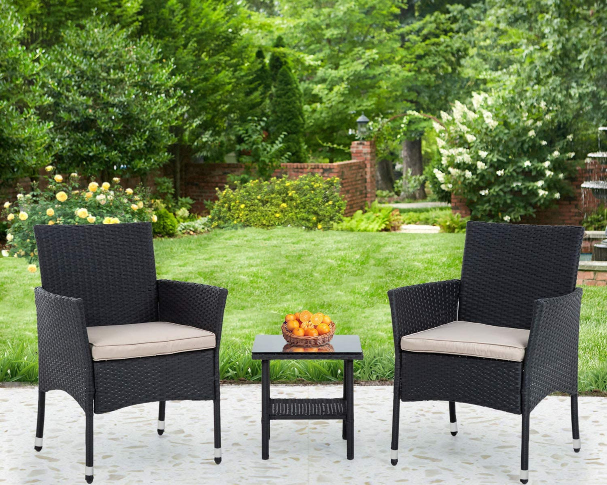 3 Piece Furniture Patio Chairs Wicker Outdoor Rattan Conversation Bistro Set for Backyard Porch Poolside Lawn (Black) PayLessHere
