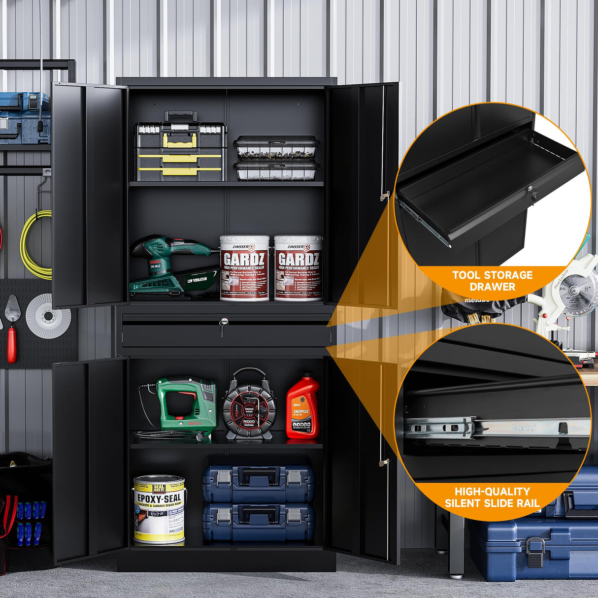 STANI Metal Garage Storage Cabinets with Drawer, 4 Doors Tool Storage Cabinet with 2 Adjustable Shelves, 71"-Lock Steel Locking Cabinet for Garage Utility Room Home Office (Black, 0 Wheel-71 H) STANI