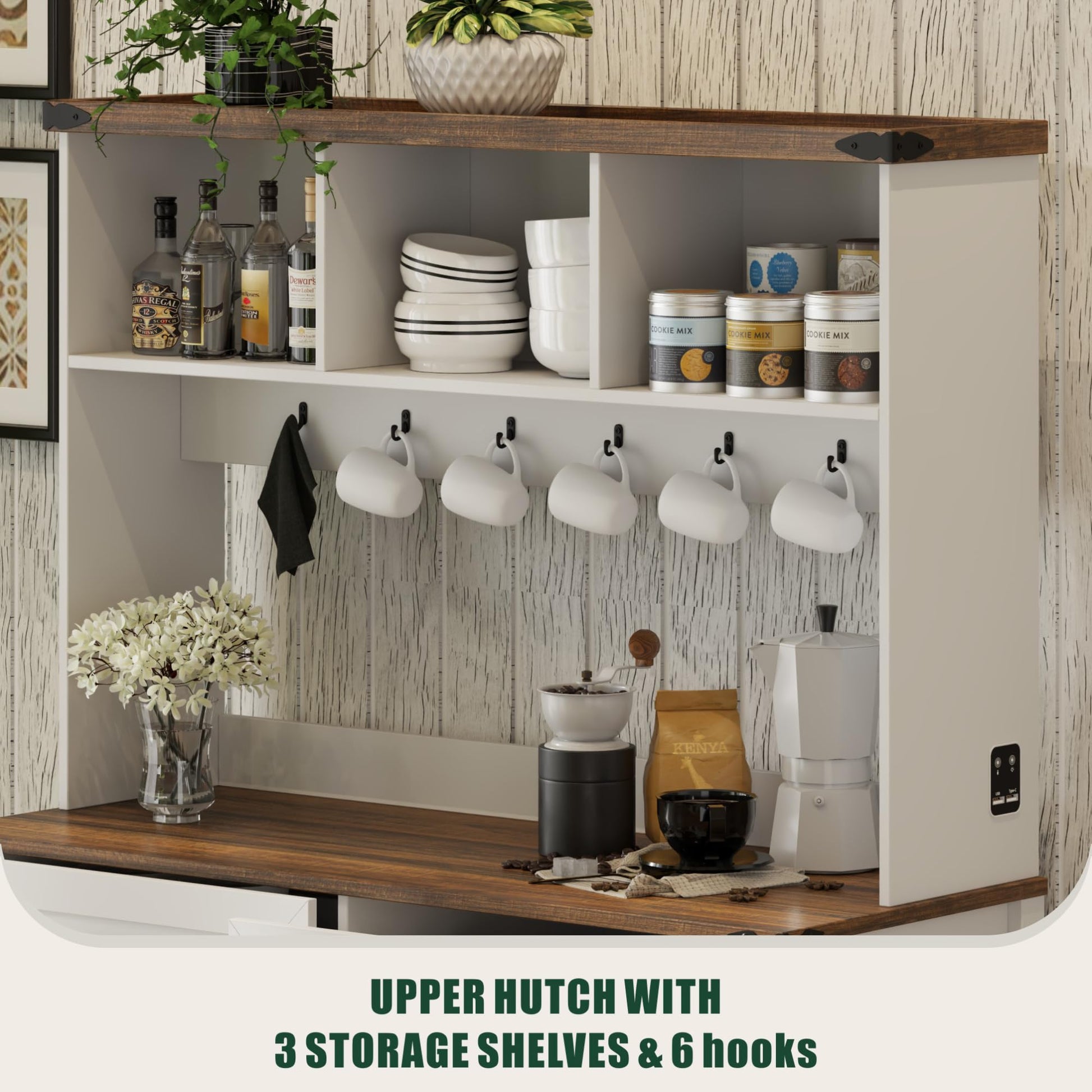 Farmhouse Coffee Bar Cabinet with Storage: Buffet Sideboard with 3 Color LED Lights & Charging Station, Barn Door Credenza with Drawers/Hutch/6 Hooks for Kitchen/Dining Room/Living Room/Offic - WoodArtSupply