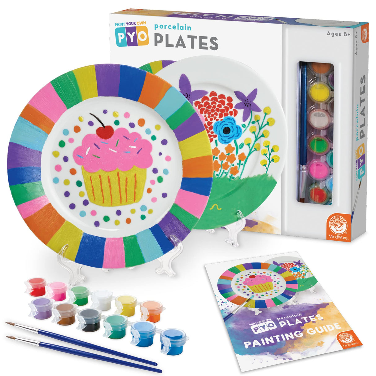 MindWare Paint Your Own Porcelain Plates - Kit Includes 2 Porcelain Plates, 12 Paints, 2 Paint Brushes, and 2 Stands MindWare