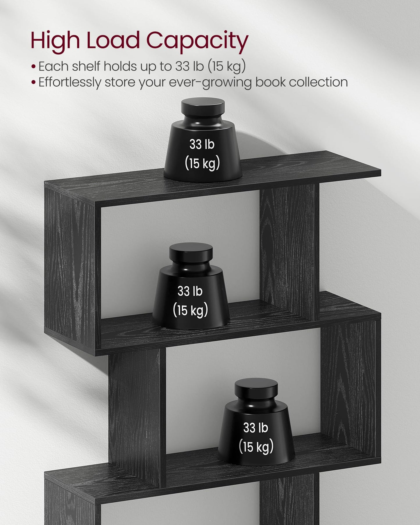 VASAGLE Bookshelf, 5-Tier Bookcase, Tall Display Shelf, Freestanding Storage Shelf, Room Divider, for Home Office, Living Room, Bedroom, Study, Ebony Black ULBC062T56