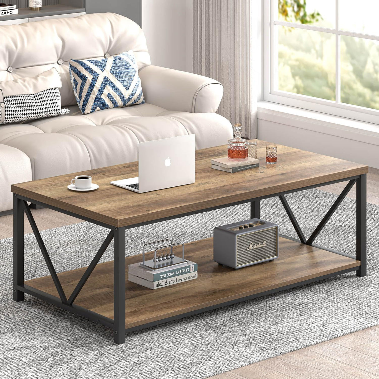FOLUBAN Modern Coffee Table, Living Room Center Table with Storage, Wood and Metal Cocktail Table, Rustic Oak, 47 Inch FOLUBAN