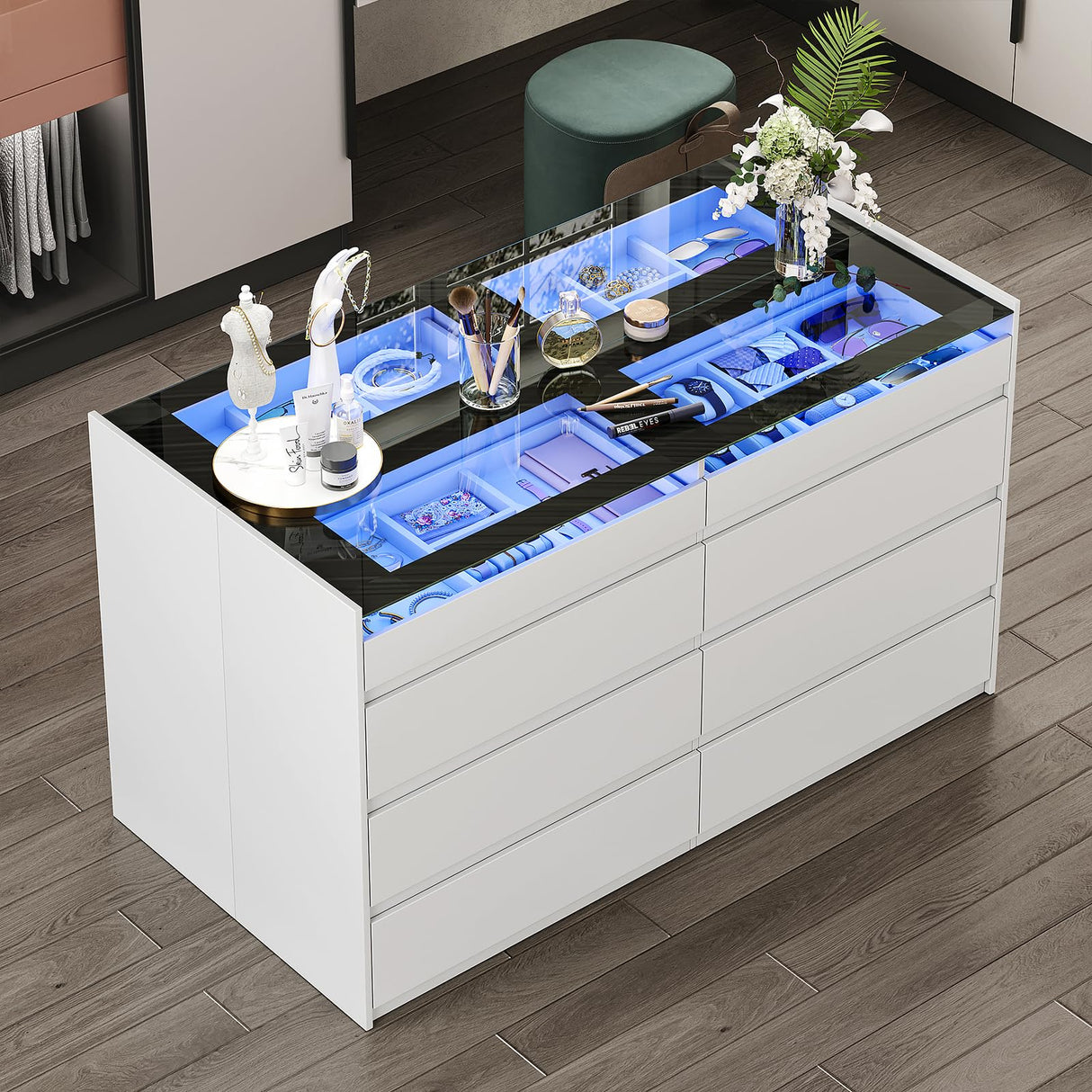 LIVAUVEAD Closet Island with Drawers, 16 Drawers Wardrobe Closet with Glass Top and LED Light，White Island Dresser with Jewelry Organizer for Bedroom & Cloakroom LIVAUVEAD