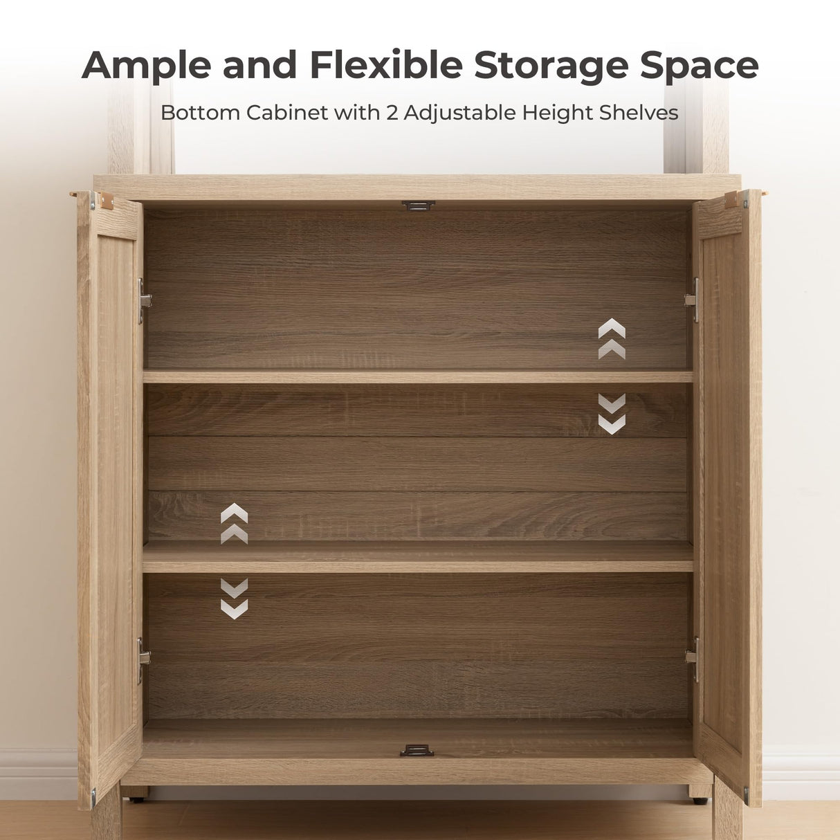 SICOTAS Tall Farmhouse Kitchen Pantry Storage Cabinet, Wooden Pantry Cabinet with Steel Mirror, Power Outlet and Rattan Door, Boho Large Freestanding Cupboard for Kitchen, Dining Room, Light Oak SICOTAS