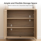 SICOTAS Tall Farmhouse Kitchen Pantry Storage Cabinet, Wooden Pantry Cabinet with Steel Mirror, Power Outlet and Rattan Door, Boho Large Freestanding Cupboard for Kitchen, Dining Room, Light Oak SICOTAS