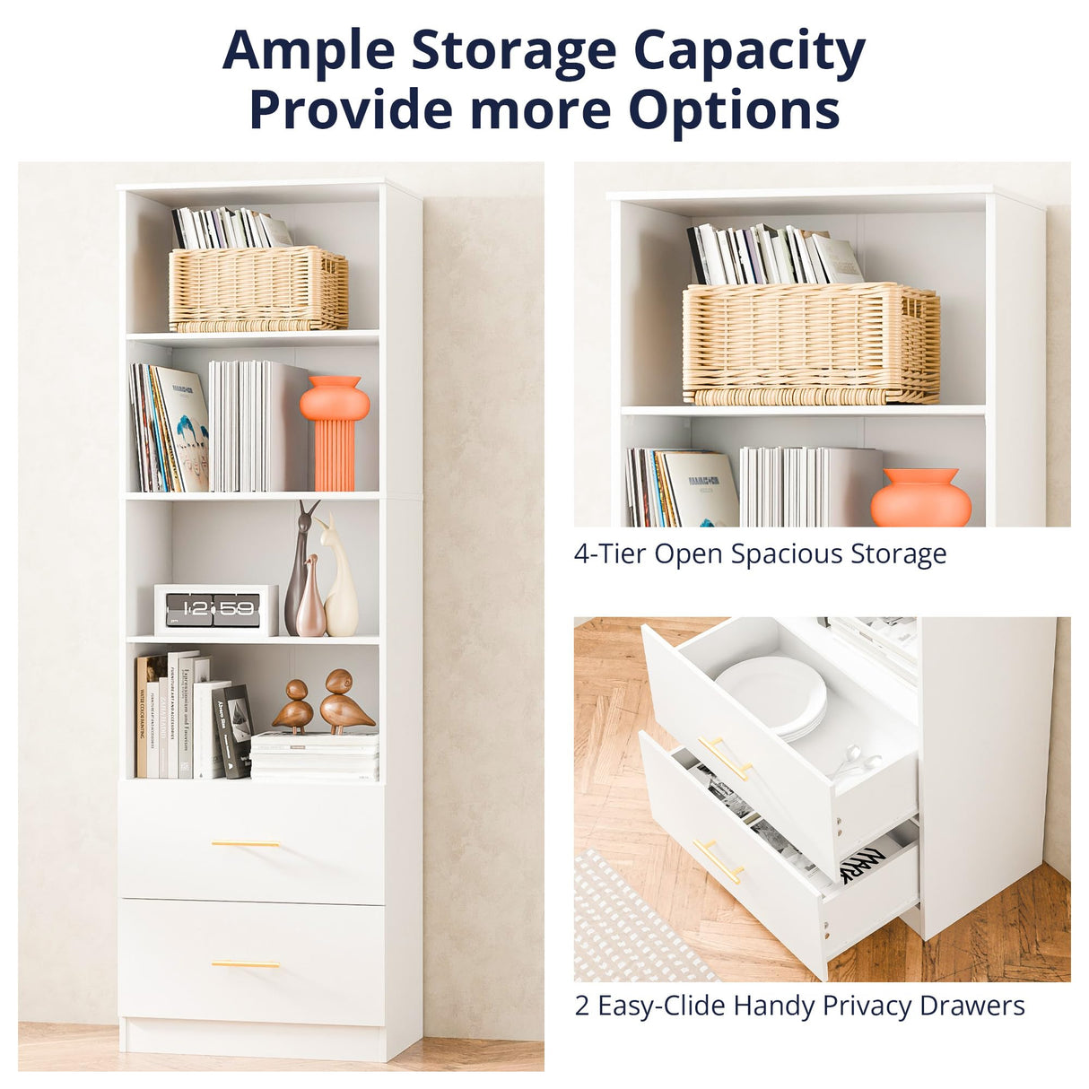 Cozy Castle 74.1'' Bookshelf,Tall Bookcase with Drawers, 4-Tier Open Bookshelf with Adjustable Storage Shelves,23.6 Inches Wide Floor Standing Bookcase for Home Office,Bedroom,Living Room,White Cozy Castle