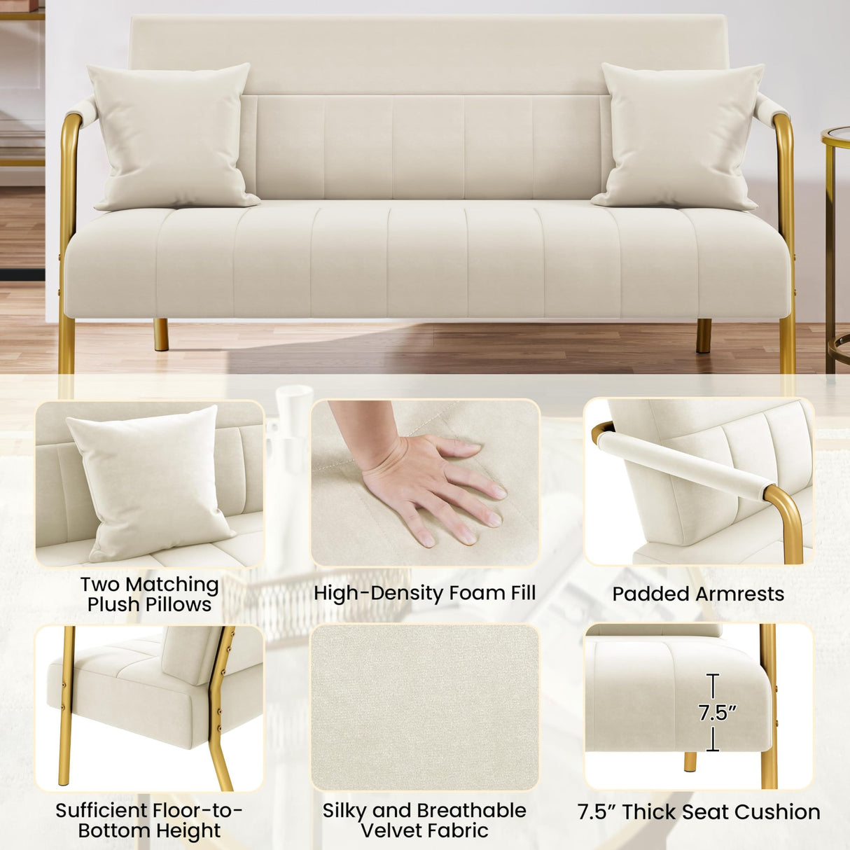 Yaheetech 56.5" W Modern Sofa Small Sofa Luxurious Velvet Fabric Couch with Gold-Tone Metal Arms and Legs for Living Room, Home Office, Studio Beige Yaheetech