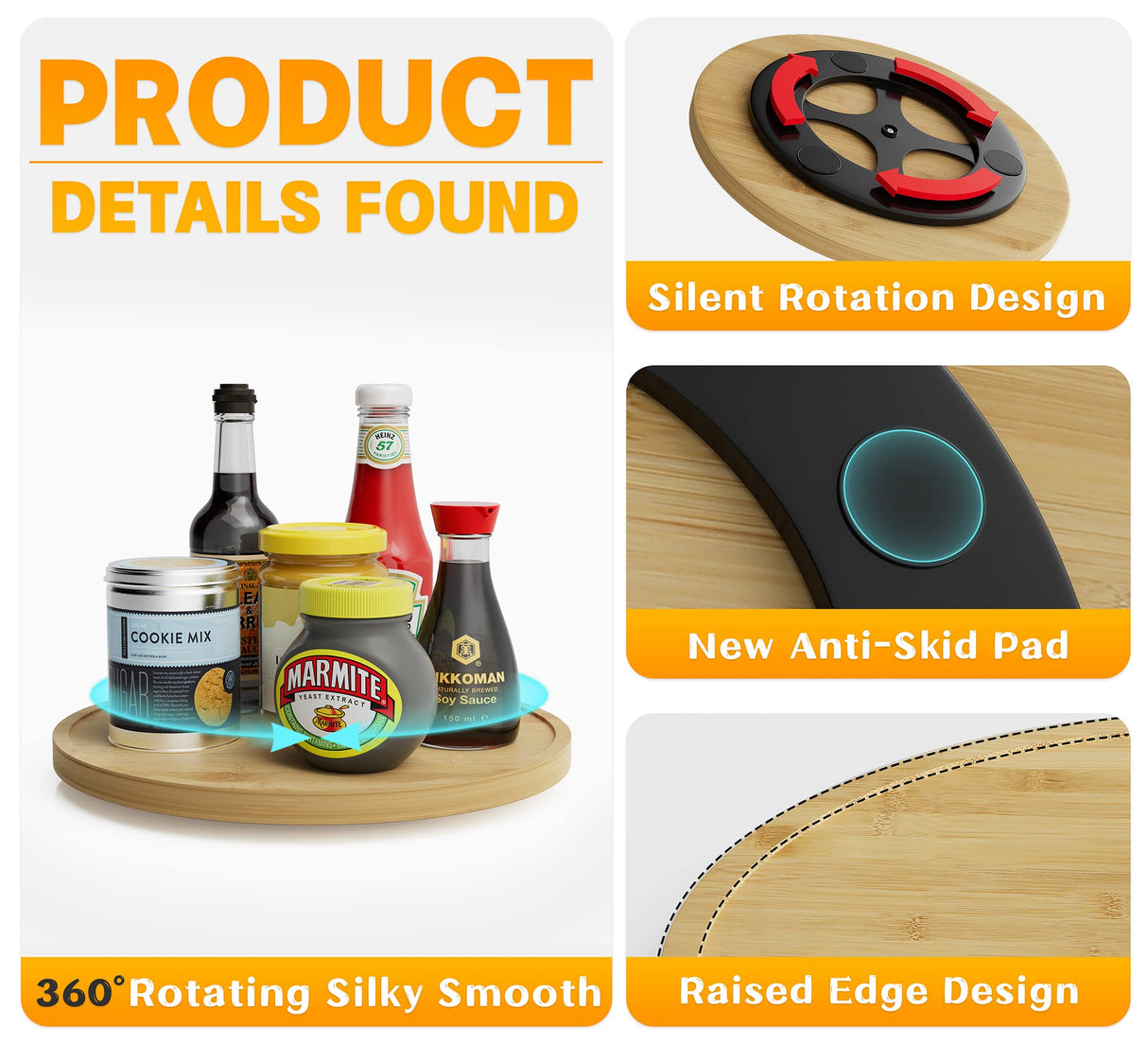 Lazy Susan Organizer Homerays 9 Inch Non-Skid Bamboo Lazy Susan for Kitchen Rotating Spice Rack for Kitchen Cabinet, Wood Turntable for Kitchen Countertop Organizer Homerays