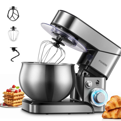 Stand Mixer FOHERE, 5.8 QT Stainless Steel Mixer with Dough Hook, Mixing Beater, Wire Whip, Dishwasher-safe, 6+P Speeds Tilt-Head Kitchen Dough Mixers for Cake, Electric Home Cooking Kitchen Mixer FOHERE