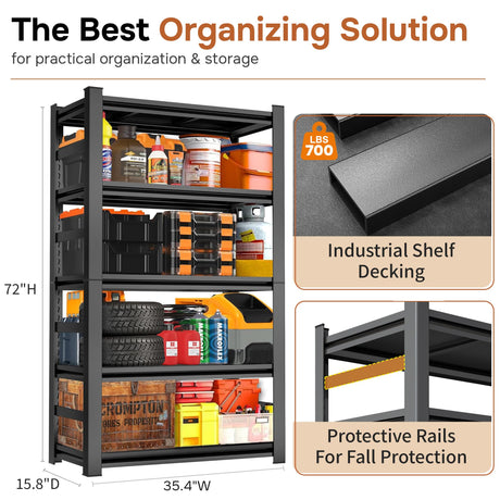 KILISTEELS 72" H Garage Shelving 5 Tier Shelving Unit, 3500Lbs Adjustable Metal Garage Storage Shelves Heavy Duty for Basement, Warehouse, Kitchen, Pantry (72'H X 35''W X 16''D) KILISTEELS