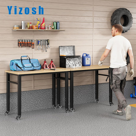 Yizosh 48" Adjustable Workbench, Portable Workbench with Wheels, Rubber Wood Top Workbench 2000 LBS Load Capacity, Heavy Duty Garage Workbench with Storage for Garage, Workshop,Office Yizosh