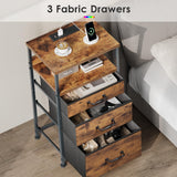 YeTom Nightstand with Charging Station, LED Night Stand with Drawers (Fabric), Bedside Table with Open Shelf, End Table with Steel Frame, 3 Drawer Dresser for Bedroom, Small Space, Rustic Brown YeTom