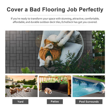 Interlocking Deck Tiles, EchoDeck Patio Deck Tiles, 44 Pack Deck Tiles Interlocking Outdoor All Weather, 12"x12", 8 Slat, 44 Sq. Ft, Highly Durable, Stylish, Non-Slip, Faster-Drying, Dark Grey EchoDeck