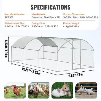 VEVOR Large Metal Chicken Coop with Run, 9.8x19.3x6.5 ft Walk-in Chicken Runs for Yard with Cover, Doom Roof Hen House with Security Lock for Outdoor and Backyard, Farm, Duck Rabbit Cage Poultry Pen