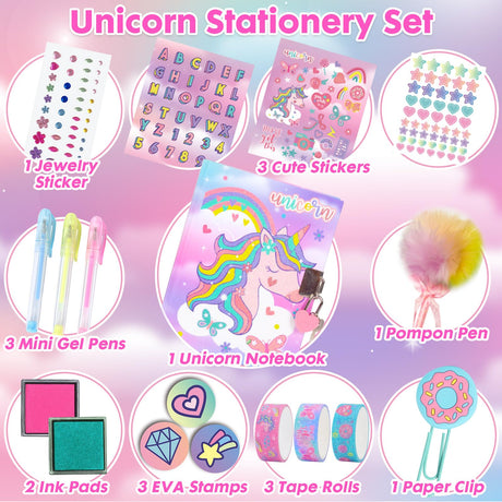 Unicorn Gifts for Girls 5 6 7 8 9 10-12 Years Old, Kids Unicorn Stationery Set with Secret Diary, Stamps, Pens, Journal Notebook Birthday Gifts for Little Girls YOYTOO