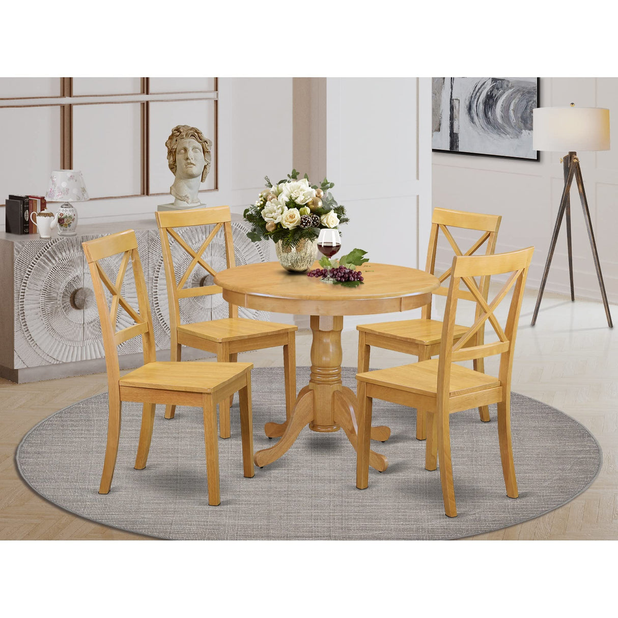 East West Furniture ANBO5-OAK-W 5 Piece Modern Dining Table Set Includes a Round Kitchen Table with Pedestal and 4 Dining Chairs, 36x36 Inch, Oak East West Furniture