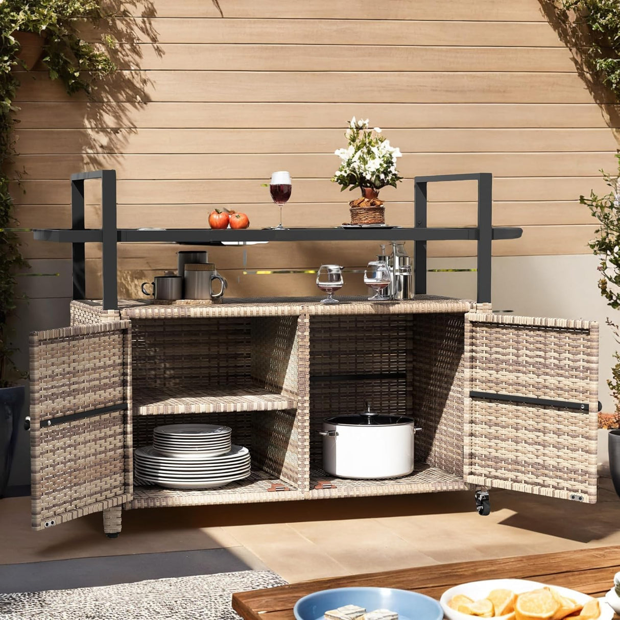 DWVO XL Outdoor Storage Cabinet,Patio Storage Table with Glass Top, Bar Table with Wheels,Outdoor Bar Cart for Patio, Poolside and Backyard,Light Brown DWVO