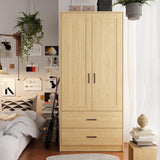 Fddevelop Wood White Wardrobe Closet with 2 Doors，Bedroom Freestanding Armoire Storage Cabinet with Shelves，Wooden Wardrobe Combination for Hanging Clothes (Wood Grain) (Wood Grain and 2 Drawer) Fddevelop