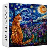 Cat Puzzles for Adults 1000 Pieces, PICKFORU Stained Glass Puzzles Feature Purple Iris Flowers, Starry Night, Moonlit Cat Flower Jigsaw Puzzle for Cat Lovers PICKFORU