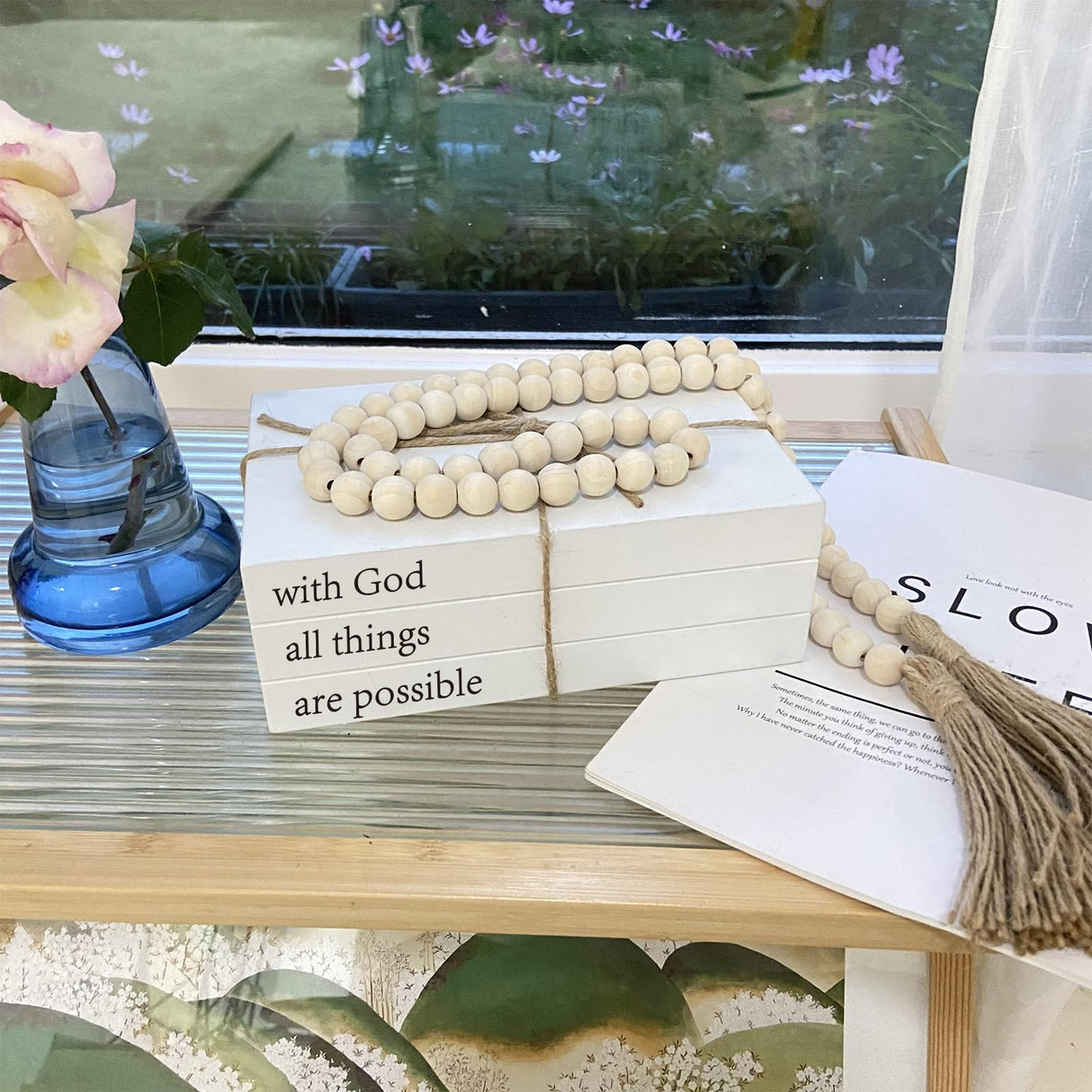 Decorative Books for Home Decor, White Faux Books for Decoration, Rustic Farmhouse Stacked Display Books (with God All Things are Possible) OMISHE