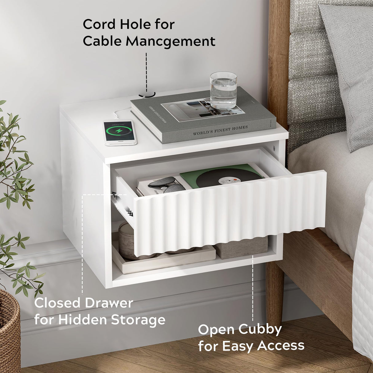 EYYTHUNG Fluted Wall Nightstand Set of 2 with Drawer, Modern Floating Night Stand with Fluted Door and Open Storage Shelf Wall Mounted Bedside Table for Bedroom Bathroom Entryway, White EYYTHUNG