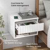 EYYTHUNG Fluted Wall Nightstand Set of 2 with Drawer, Modern Floating Night Stand with Fluted Door and Open Storage Shelf Wall Mounted Bedside Table for Bedroom Bathroom Entryway, White EYYTHUNG