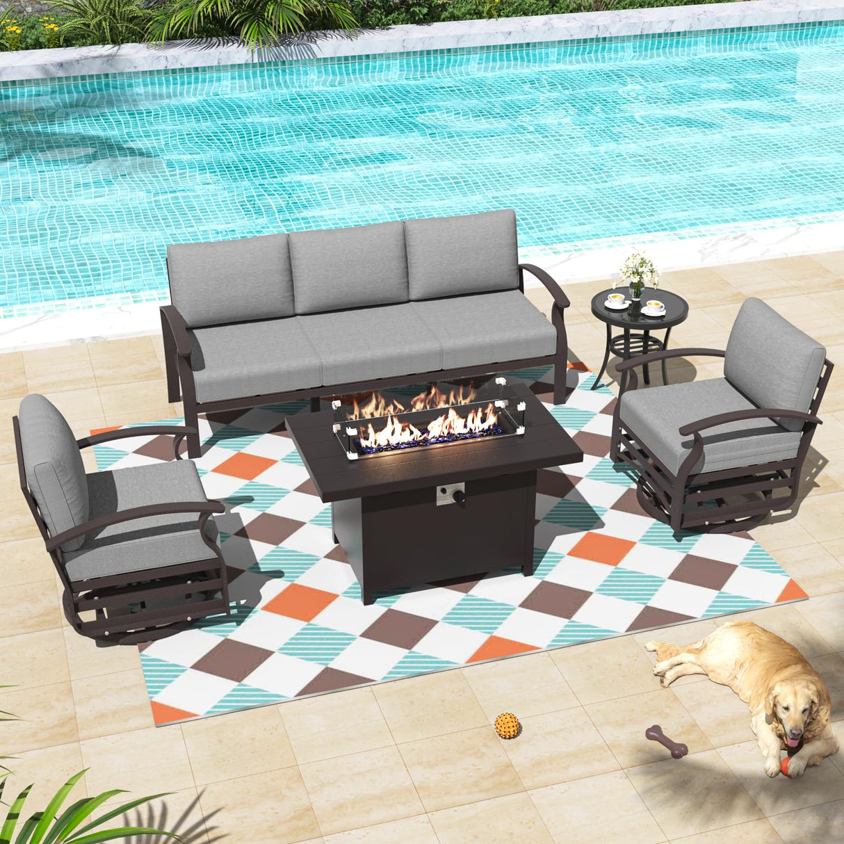 ALAULM Aluminum Patio Furniture Set with Propane Fire Pit Table 5-seat Metal Outdoor Furniture w/Fire Pit Patio Sectional Sofas w/5.2" Cushions for Patio, Backyard, Poolside-Grey ALAULM