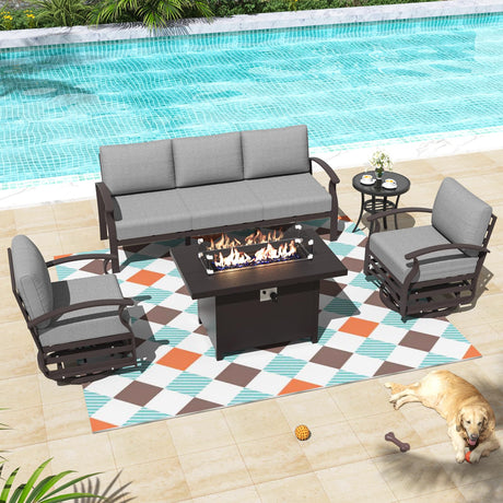ALAULM Aluminum Patio Furniture Set with Propane Fire Pit Table 5-seat Metal Outdoor Furniture w/Fire Pit Patio Sectional Sofas w/5.2" Cushions for Patio, Backyard, Poolside-Grey ALAULM
