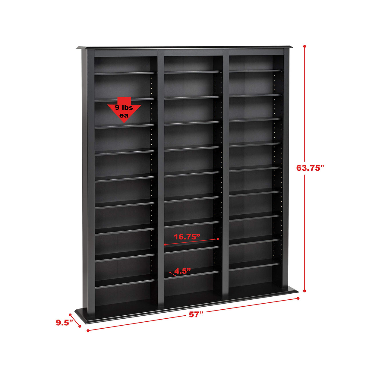 Prepac Barrister 3 Column Tall Storage Cabinet, Black Storage Cabinet with 27 Adjustable Shelves Display DVD for Living Room, 9.5" D x 57" W x 63.75" H Prepac