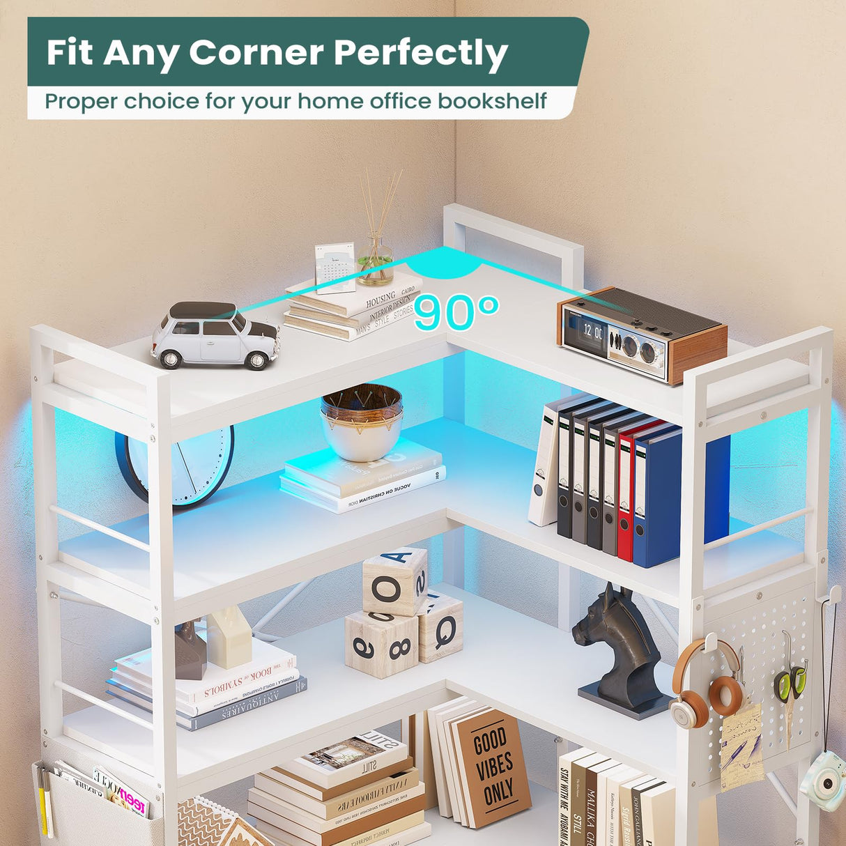 SEDETA 5 Tier Corner Bookshelf, Modern Corner Bookcase, Convertible Bookshelf with Storage Bag, Pegboard & LED Light, Tall Bookshelves for Bedroom, Living Room and Home Office, White SEDETA