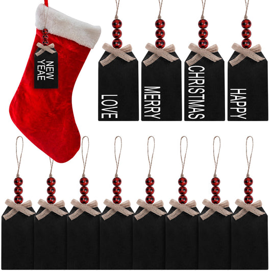 Topbuti 12 Sets Christmas Wood Stocking Name Tags DIY Stocking Sign Chalkboard Wooden Beads with Bow Hanging Tags for Christmas Stockings Home Farmhouse Decor (4.5x2.5 Inch, Red Black Plaid) - WoodArtSupply