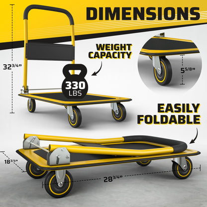 Upgraded Foldable Push Cart Dolly | 330 lbs. Capacity Moving Platform Hand Truck | Heavy Duty Space Saving Collapsible | Swivel Push Handle Flat Bed Wagon - Yellow - WoodArtSupply