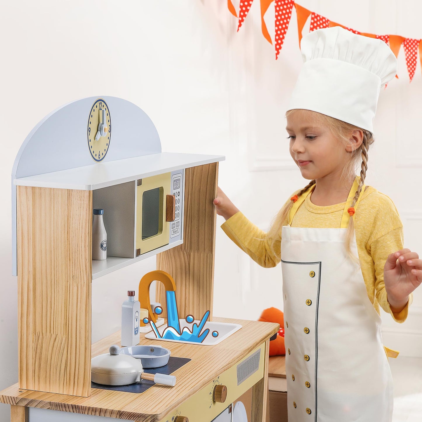 WoodenEdu Wooden Play Kitchen Set for Kids Toddlers, Toy Kitchen Gift for Boys Girls, Age 3+, Dimensions: 38” H x 31” W x 12” D