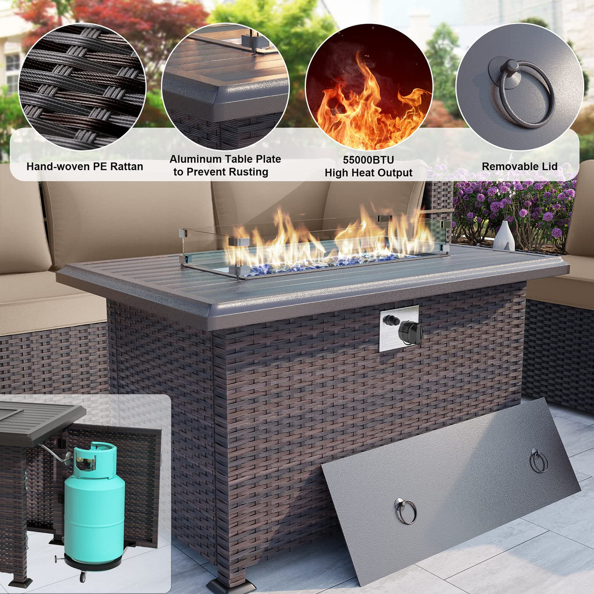 ALAULM 15 Pieces Outdoor Patio Furniture Set with Propane Fire Pit Table Outdoor Sectional Sofas Patio Furniture 43" Gas Fire Pit Brown PE Rattan Patio Conversation Set w/12 Cushions-Sand ALAULM