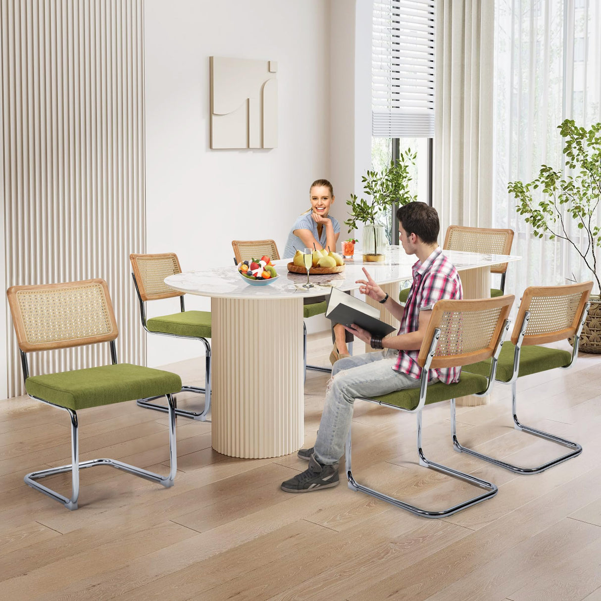 KROFEM Modern Cesca Cane Dining Chairs, Set of 2, Handwoven Rattan Cane Back, Chrome Base, Upholstered Cotton Seat, Ideal for Kitchen or Dining Room, Green KROFEM