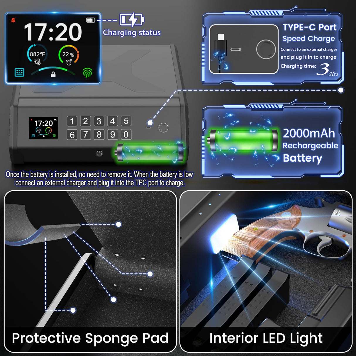 Smart Gun Safe, 4 Ways Biometric PistolRechargeable Safe withFingerprint/Keypad/Key/APP Lock, APPControl, LCD Display, Emergency PowerSupply Handgun Lock Box for HomeBedroom, Car soliles