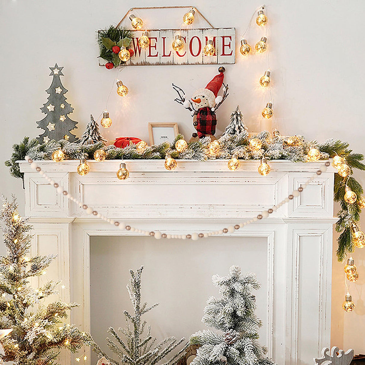 Christmas Wooden Bead Garland Xmas Wooden Tree Beads Rustic Decorative Christmas Tree Farmhouse Decor for Mantle Fireplace Staircase (Natural & Gold) RAMIRABI