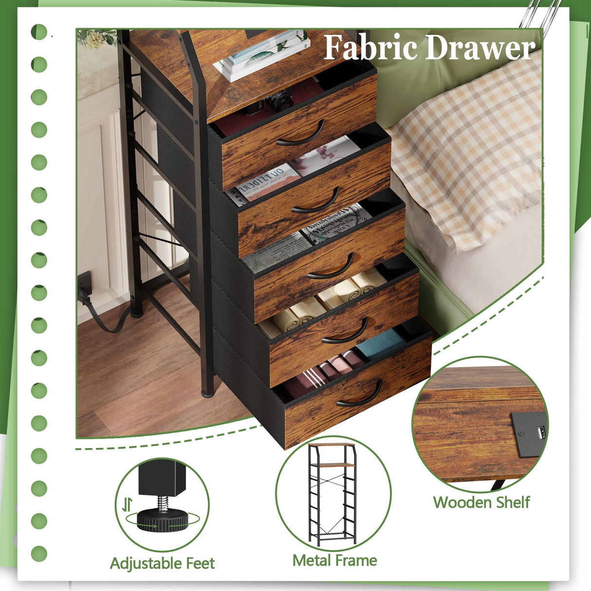 Furnulem 5 Drawers Dresser with Charging Station, Tall Night Stand with Storage Shelf, Fabric Chest of Drawers, Bedside Table for Closet, Entryway, Bedroom Furniture, 3 Ways to Use, Rustic Brown Furnulem