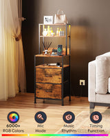 WLIVE Nightstand Set of 2 with Charging Station, LED Night Stand Sets with 2 Drawers and 4 Storage Open Shelves, Fabric Dressers for Bedroom, Rustic Brown WLIVE