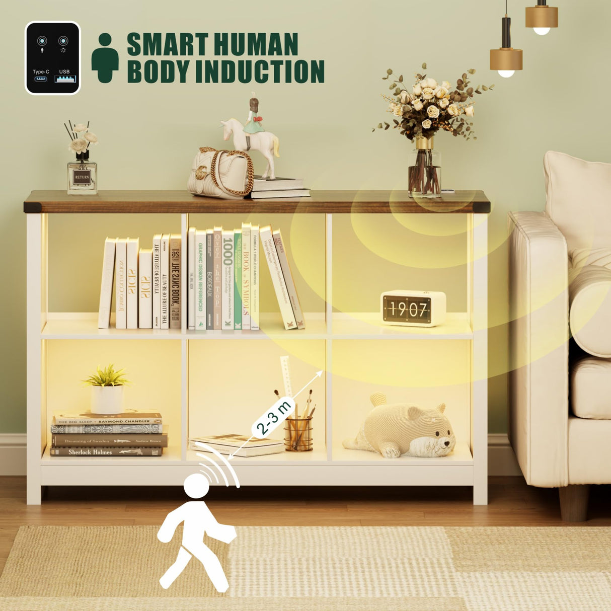 FREDEES Farmhouse White Bookcase with LED Lights – Mid Century Modern 6-Cube Shelf for Versatile Storage and Display FREDEES