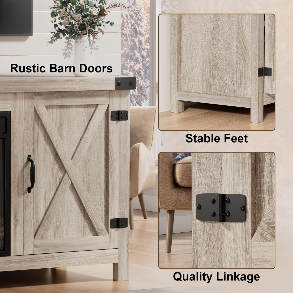 Furmax Fireplace TV Stand for Up to 65 Inches TVs, Farmhouse Entertainment Center with Grooved Barn Doors, Rustic Media Console Table with Storage Cabinets for Living Room (Natural Oak) Furmax