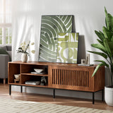 BVIUNTWO 65" Industrial Modern TV Stand, Media Cabinet, TV Console Suits TV up to 70 inch, with Cut-out Panel Sliding Door, Adjustable Storage Shelves, Sturdy Metal Legs with Leveler BVIUNTWO